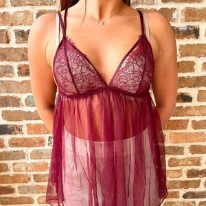 Elegant Lace Babydoll Lingerie in Burgundy